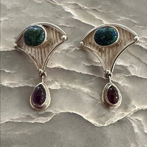 Sterling Silver Pierced Earrings With Green Turquoise and Amethyst Stones